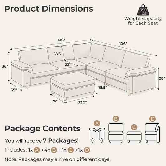 SITJOY Large Cloud Couch, 106" Wide 5 Seater V Shape, Faux Leather in White | Pet-Friendly Scratch-Resistant Leather Sectional Sofas for Living Room, Deep Seat Wide Couch with Chaise, Storage Ottoman