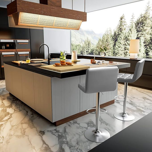 Homall Bar Stools Modern PU Leather Adjustable Swivel Barstools, Armless Hydraulic Kitchen Counter Bar Stool Extra Height Square Island Barstool with Back Set of 2 (Leather, Gray)