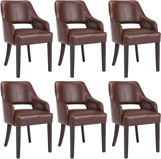 Faux Leather Upholstered Dining Chairs Set of 6 with Arms | Brown faux leather upholstery, solid wood legs, curved open back, padded seat, easy-care surface, dining room, kitchen