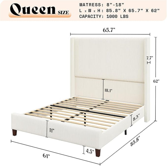 AMERLIFE Queen Size 62" Corduroy Upholstered Bed Frame, Luxurious Platform Bed with Extra Tall Wingback Headboard and Vertical Stripe, No Box Spring Needed/Solid Wood Slats & Legs/Cream