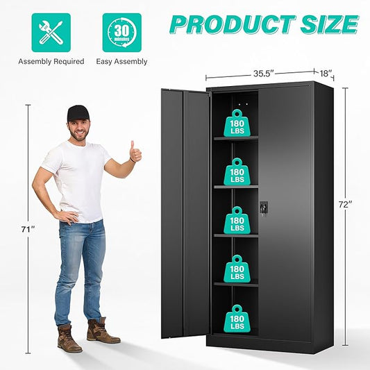 SISESOL Wide & Deep Metal Storage Cabinet with Lock & 5 Shelves,72" Black Garage Storage Cabinet with Locking Doors,Lockable Cabinets for Home,Office,Garage,Shop,Basement 72x36x18