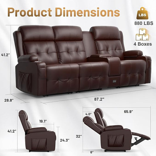 Loveseat Recliner Sofa, Home Theater Seating with Massage, 3 Seat Reclining Loveseats with Console, Wall Hugger RV Couch Movie Theater Chairs, RV Furniture Sofas with USB, Cup Holders for Gaming Room