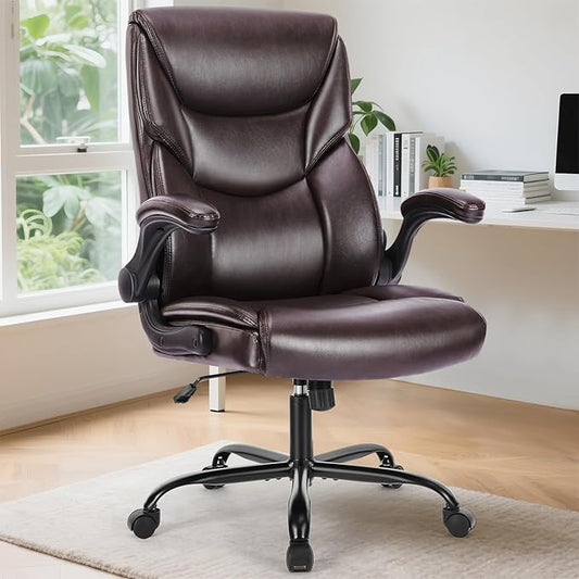 Sweetcrispy Ergonomic Computer Gaming Office Chair Set of 2, Heavy Duty Task Desk Swivel Rolling Chairs with Wheels, Flip-up Arms, Adjustable Height, PU Leather,Dark Brown