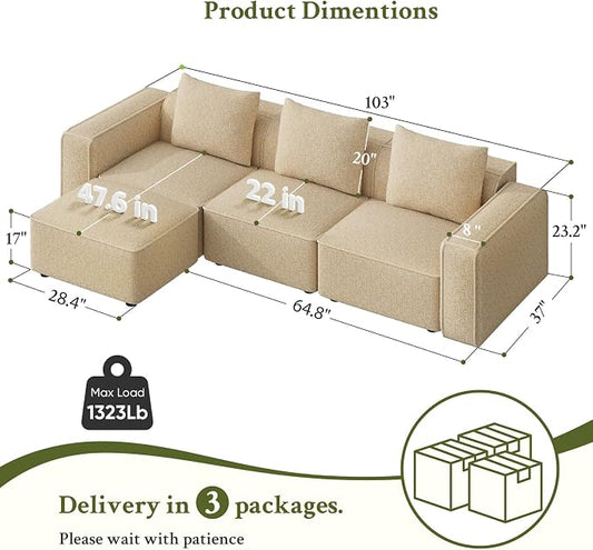 Welzona 103" Modular Sectional Sofa, Minimalist Comfy Cloud Couch Sectional, Tool-Free Setup Couches for Living Room, Wood Frame l Shaped Couch with Ottoman, 22" Deep Seat Chenille Cloud Sofa