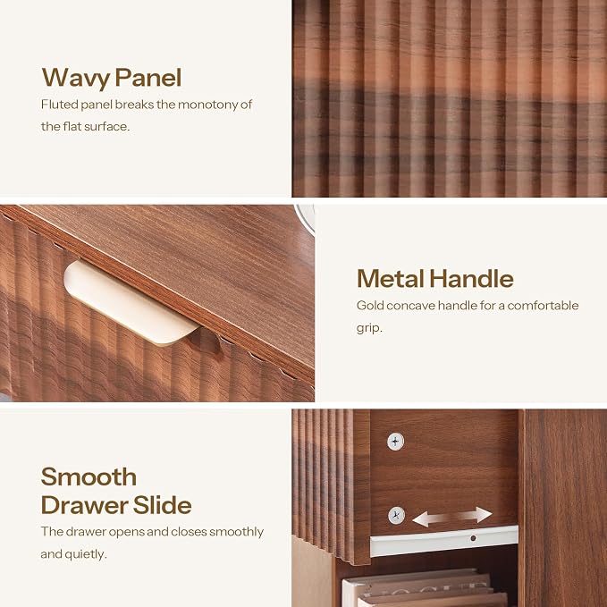 HOOBRO Fluted Nightstands Set of 2, Modern Bedside Tables with 1 Drawer and 1 Open Compartment, Wooden End Tables with Metal Handle, for Bedroom and Office, Walnut WL208BZP201