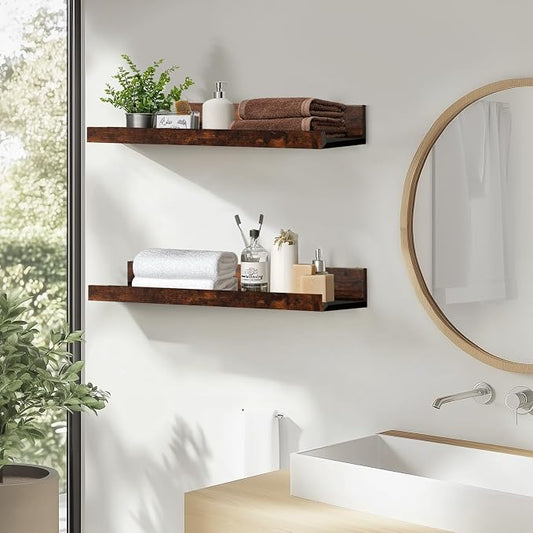 Muzilife 35.4" Large Floating Wall Ledge Shelves with Lip - Set of 2 Rustic Wood Floating Shelves - Honey Brown Wall Mounted Picture Ledge for Office, Bathroom, Bedroom, Living Room, Kitchen