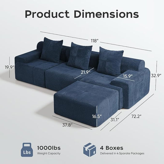 118" Sectional Boneless Oversize Modular Couches, Curved Cloud Sectional Sofa for Living Room, Corduroy L Shape Deep Seat Sofa with Ottoman & 3 Throw Pillows, No Assembly Required,Navy Blue