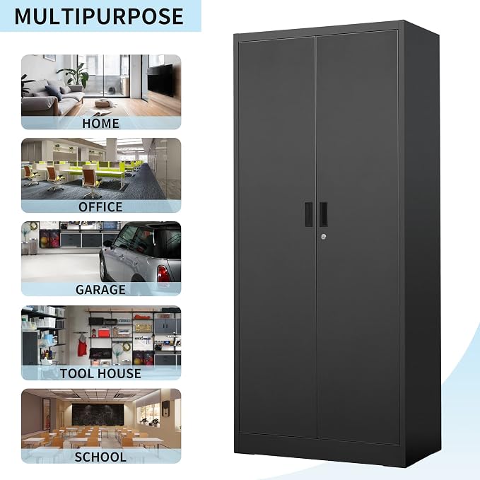 Wanfu Metal Storage Cabinet, 71”H Metal Garage Cabinet with 5 Adjustable Shelves, Locking Storage Cabinets for Garage, Home, Office, Pantry(Black)