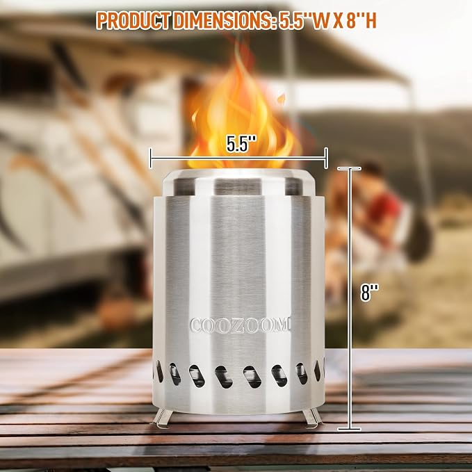 Portable Table Top Fire Pit with Stand, 5.5" Stainless Steel Mini Outdoor Low Smoke Burning Tabletop Firepit Fueled by Pellets or Wood, for Outside Camping