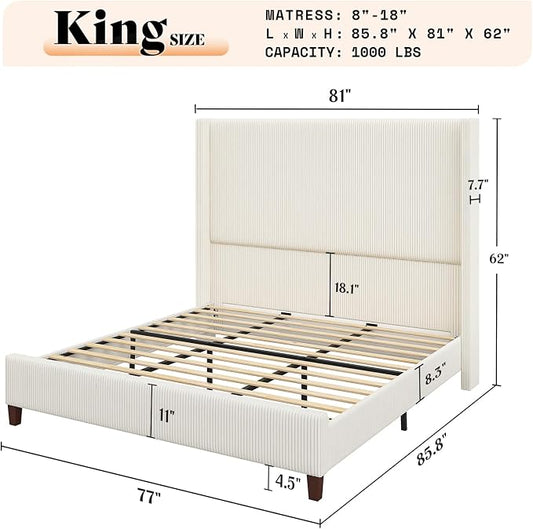 AMERLIFE King Size 62" Corduroy Upholstered Bed Frame, Luxurious Platform Bed with Extra Tall Wingback Headboard and Vertical Stripe, No Box Spring Needed/Solid Wood Slats & Legs/Cream