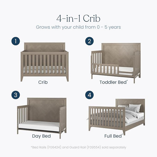 Child Craft Kieran 4-in-1 Convertible Baby Crib, Wooden Nursery Furniture Converts to Toddler Bed Daybed & Full-Size Bed, Adjustable Mattress Heights, Non-Toxic Baby Safe Finish (Crescent Gray)