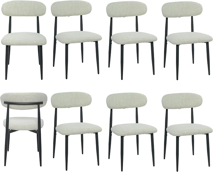 FREKEN Modern Upholstered Dining Chairs Set of 8, Mid-Century Metal Frame Linen Fabric Side Chair for Kitchen Dining Room, 350lbs Capacity, Beige