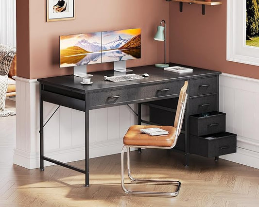 Casaottima 48 Inch Computer Desk with 6 Drawers, Reversible Storage Desk for Home Office, Work Study Table for Bedroom, Black