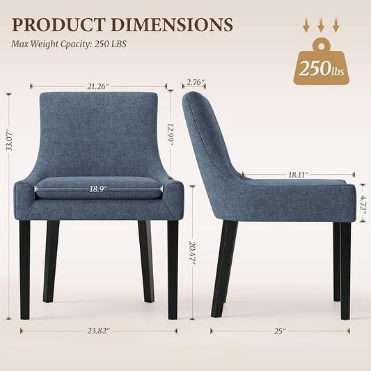 Modern Dining Room Chairs Set of 2 with Mid Back and Wood Legs, Upholstered Kitchen Chairs for Dining Room/Living Room, Blue
