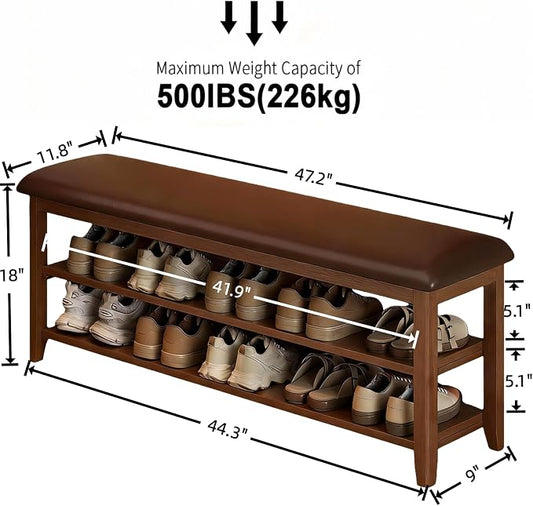 Shoe Bench Storage with Leather Cushion, Rustic Solid Wood Entryway Bench with 2 Height-Adjustable and Removable Shelves for Hallway, Living Room, Mudrooms (Dark Brown,47.2")