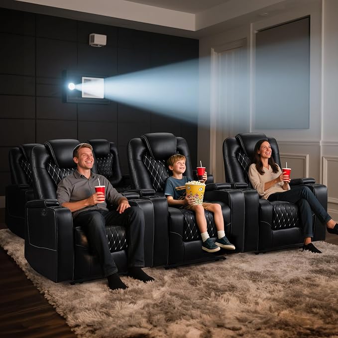 ANJ Power Recliner Chair Set of 8, Electric Soft Faux Leather Reclining Home Theater Seating - USB Ports, Cup Holders, Hidden Arm Storage Movie & Media Room Chairs (Black)
