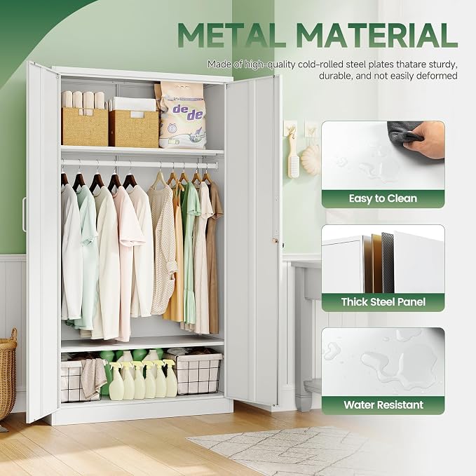 Letaya Metal Wardrobe Cabinets with Lock,Clothing Locker 72" X 36" X 18" Storage Cabinets for Home Room,Fire Department, School, Employee,Gym,Government (White)