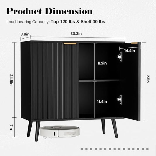 Set of 2 Fluted Storage Cabinet, Buffet Cabinet with Storage, Wood Sideboard with Adjustable Shelf, Modern Accent Cabinet & Console Table for Entryway, Living Room, Dining Room, Black