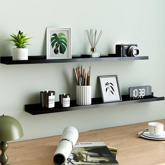 Long Floating Shelves for Wall Decor, Long Wall Mounted Storage Shelf for Bedroom, Living Room, Bathroom, Kitchen, Nursery, Display Picture Ledge Shelf with Lip Set of 2-36 Inches, Black