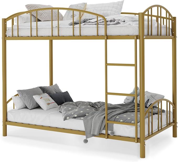 GarveeHome Metal Bunk Bed Twin Over Twin, Heavy Duty Bunkbeds Frame with Arched Guardrail and Safety Ladder, Sturdy Steel Bed for Kids Boys Girls, Space-Saving, No Box Spring Needed, Gold