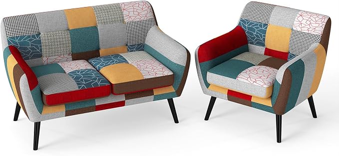 Bonzy Home Modern Colorful 2 Piece Coroful Fabric Sofa Set, Included Accent Chairs and Boho Loveseat Sofa, Linen Patchwork Plaid Couches with Rubberwood Legs and Removable Upholstered for Living Room