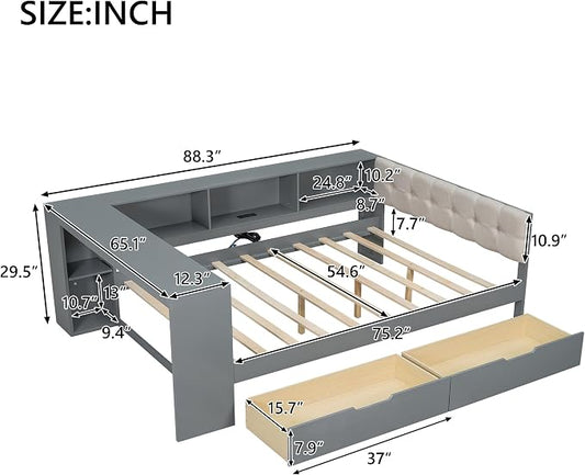 Bellemave Full Corner Bed Frame with Storage Shelves and Desk, Wood Full SizeDaybed with Bookcase and Drawers and Upholstered Headboard, Gray