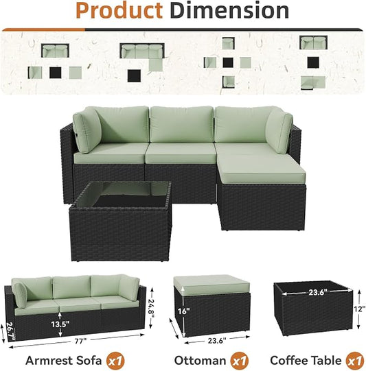 Aoxun Patio Furniture Set 5-Piece, Outdoor Sectional Sofas with Washable Cushion, Wicker Rattan Patio Conversation Sets for Backyard Porch and Poolside, Mint Green