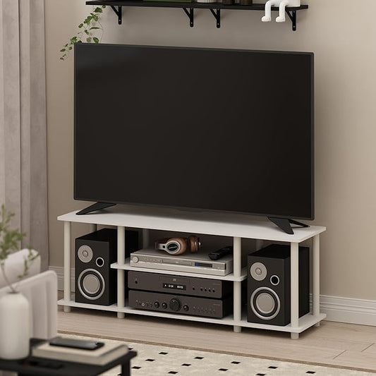 Furinno Turn-N-Tube TV Stand, 3-Tier Open Frame Rectangular Entertainment Center with Storage Shelf, TV Console for TV up to 50 Inch, Toolless Assembly, for Living Room, Bedroom, White