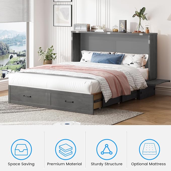 PUREMIND Queen Murphy Bed with Mattress Included, Murphy Cabinet Bed with Storage Drawer, Built-in Charging Station, Solid Wood Frame, Space-Saving Cabinet Beds for Small Spaces/Guest Room (Gray)