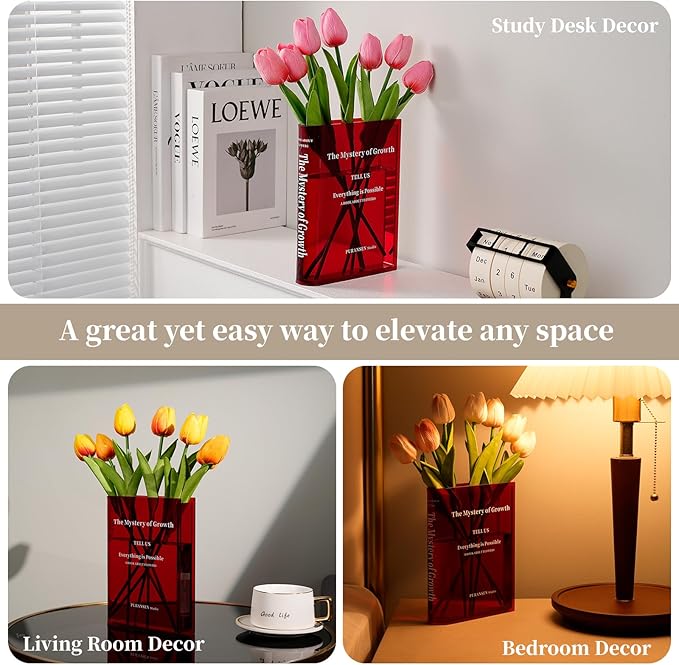 Puransen Red Book-Shaped Vase for Flowers - Aesthetic Room Decor for Modern Home/Office, Minimalist Shelf Organizer with Floral Display, for Book Lovers & Interior Design Enthusiasts
