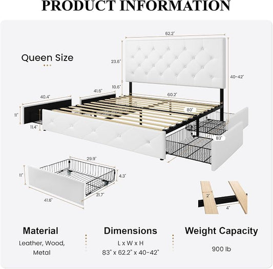 SHA CERLIN Upholstered Queen Platform Storage Bed Frame with 4 Drawers, Adjustable Headboard with Faux Leather Diamond Button Tufted Design, Wooden Slat Support, No Box Spring Needed, White