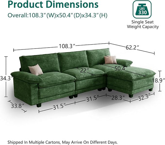 Modern L Shaped Sofa Couches for Living Room, Modular Sectional Cloud Couch with Movable Ottoman, Comfy Chenille Sofa for Apartment and Small Space, Green