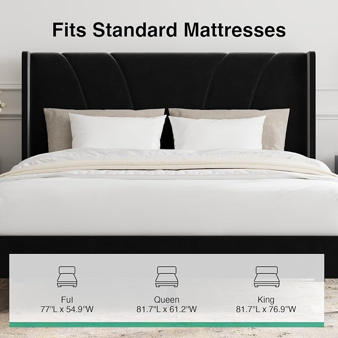 Novilla Full Size Bed Frame, Full Bed Frame with Headboard, Velvet Upholstered Wing Side Headboard, No Box Spring Needed, Heavy Duty Feet, Easy Assembly, Black Velvet