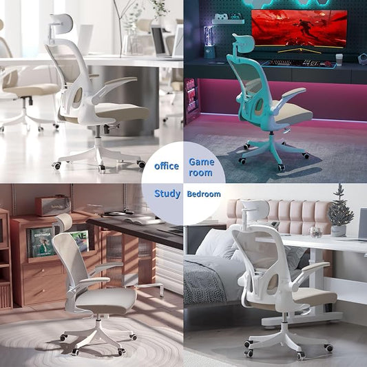 Monhey Office Chair Ergonomic Desk Chair with Lumbar Support&Headrest&Flip-up Arms Height Adjustable Rocking Swivel Computer Chair Multi-Angle from 90° to 125° with 350LBS Capacity (02White+Khaki)
