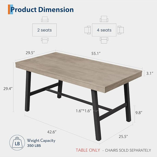 GarveeHome Industrial Dining Table for 2-4, 55" Heavy Duty Rectangular Kitchen Table with 2"×2" Metal Legs, Small Space Dining Table for Kitchen, Dining Room (Grey, 55" Non-extendable)