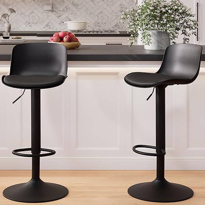 Kidol & Shellder Bar Stools Set of 2 Black Adjustable Swivel Counter Height Stools, Modern PU Leather Upholstered with Backs Barstools for Kitchen Island