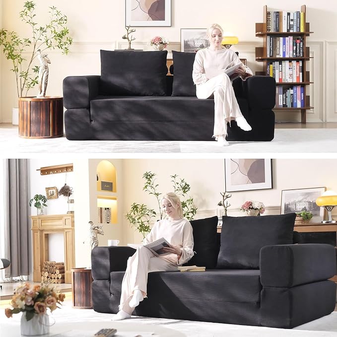WHGBJA 79'' Convertible Sleeper Sofa Bed, 3-in-1 Foldable Floor Couch with Corduroy Upholstery, No Assembly Loveseat, Light Brown Lounge Mattress for Living Room, Studio, Guest Room