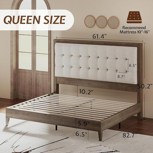Jocisland Solid Wood Queen Size Bed Frame 50.2" Tall Upholstered Headboard, Mid-Century Style, Stable Platform Support, No Box Spring Needed, Ash Gray