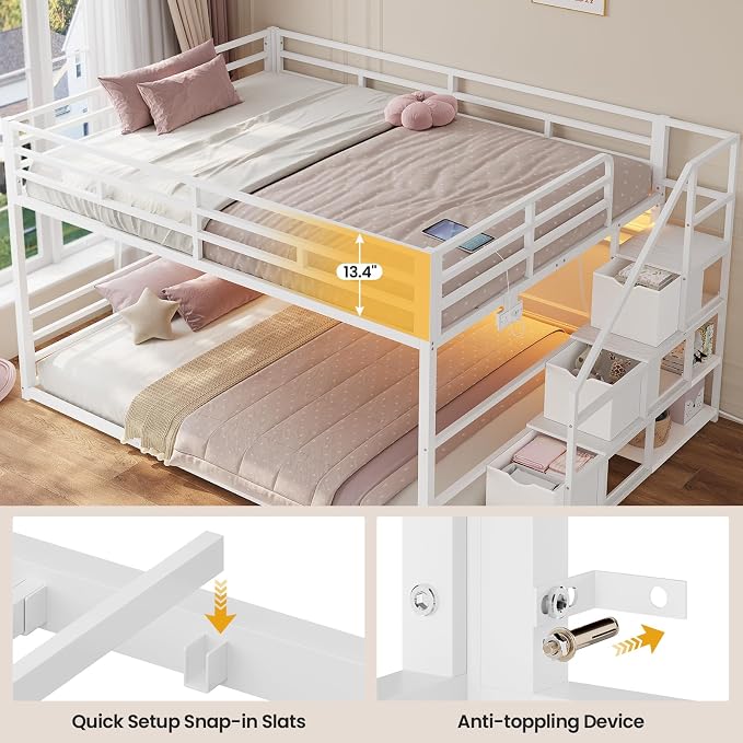 ADORNEVE Low Bunk Bed Full Over Full with Stairs, 3 Storage Drawers & Power Outlet, Full Size Metal Floor Bunk with RGB Lights & Shelves, Space-Saving Kids Bed, White