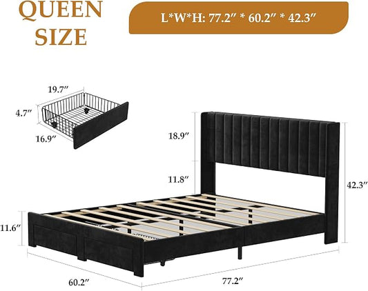 GAOMON Queen Size Upholstered Platform Bed Frame with 2 Under-Bed Storage Drawers, Velvet Wingback Headboard, No Box Spring Needed, Sturdy & Noise-Free,