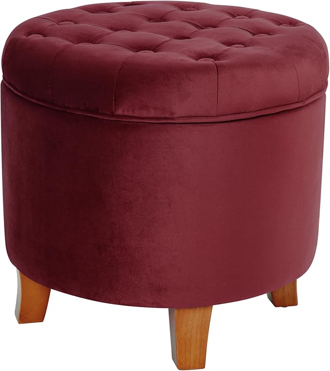 Homepop Home Decor | Upholstered Round Velvet Tufted Foot Rest Ottoman | Ottoman with Storage for Living Room & Bedroom | Decorative Home Furniture, Burgundy Small