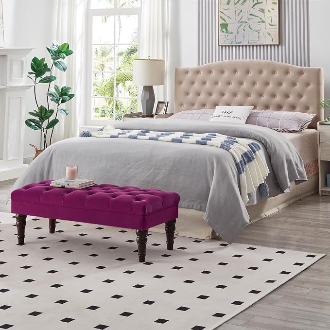 24KF Velvet Upholstered Buttons Tufted Entryway Bench with Solid Wood Leg,Bed Bench Ottoman with Padded Seat,5061N-Violet