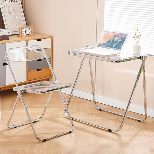 Acrylic Folding Table - Modern TV Tray Dinner Table for Eating on Couch - Small Folding Table Foldable Computer Desks Space-Saving with Chrome Frame No Assembly Required -Clear