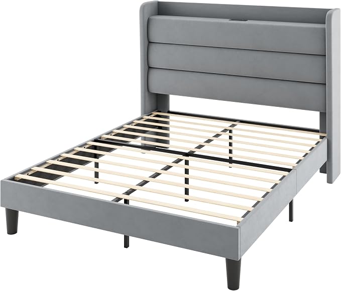 Allewie Full Size Upholstered Bed Frame with Charging Station & Storage Headboard, Soft Velvet Wingback Platform Bed, Strong Wooden Slats Support, No Box Spring Needed, Easy Assembly, Light Grey