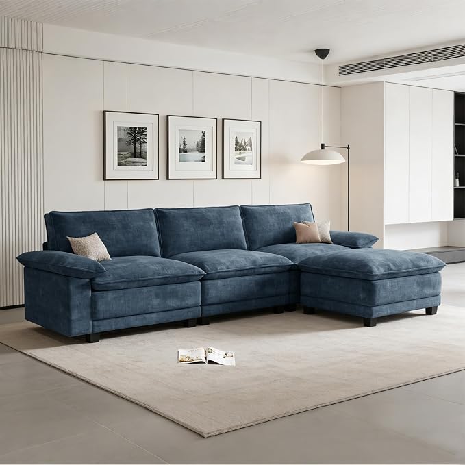 Modern L Shaped Sofa Couches for Living Room, Modular Sectional Cloud Couch with Movable Ottoman, Comfy Chenille Sofa for Apartment and Small Space,Blue