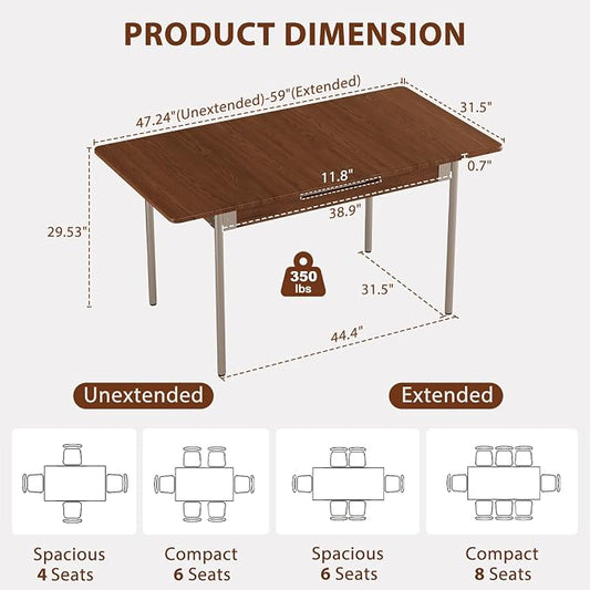 Walnut Extendable Dining Room Table for 4-8 People,Expandable Dining Table from 47.2 to 59 Inches,Wood Dining Table with Heavy-Duty Stainless Legs,Modern Kitchen Table for Small Spaces,Easy Assembly