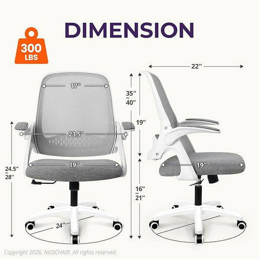 NEO CHAIR Office Desk Gaming Ergonomic Computer Chair with Lumbar Back Support Adjustable Height Swivel Rolling Wheels Flip-up Arms Mesh Chair for Home Vanity (Grey)