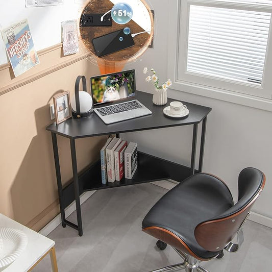 COSTWAY Corner Computer Desk, with USB Ports & Power Outlet, Storage Shelf for Small Space, Triangle Steel Frame Corner Desk for Home Office, Workstation (Black)