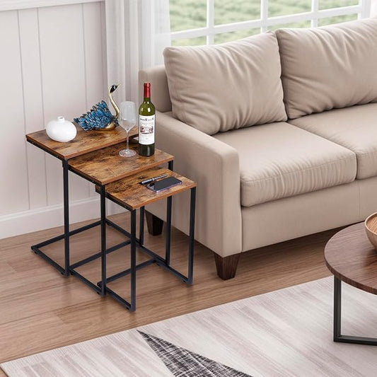 SUPER DEAL Nesting Tables Set of 3, Industrial C Shaped End Table Stackable Coffee Table Heavy Duty Metal Frame for Small Space, Living Room, Bedroom, Side Table Tray for Laptop Snack, Rustic Brown