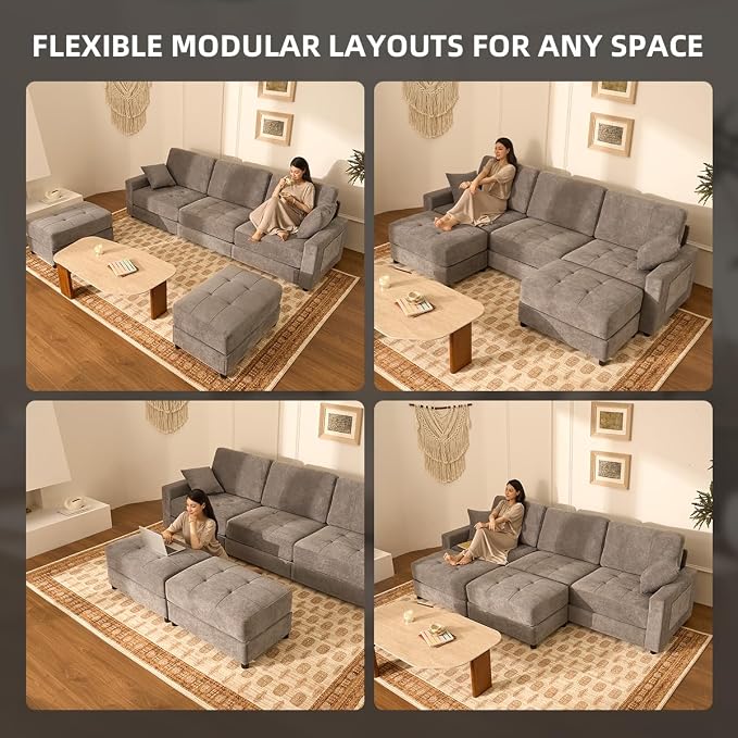 112" U Shaped Modular Cloud Sectional Couch, Waffle Fabric, Light Gray | Modular Deep Seat Sofa, Movable Ottoman, Pocket Spring Cushions, 2-Box Delivery, Living Room Lounge Use, Not Boneless